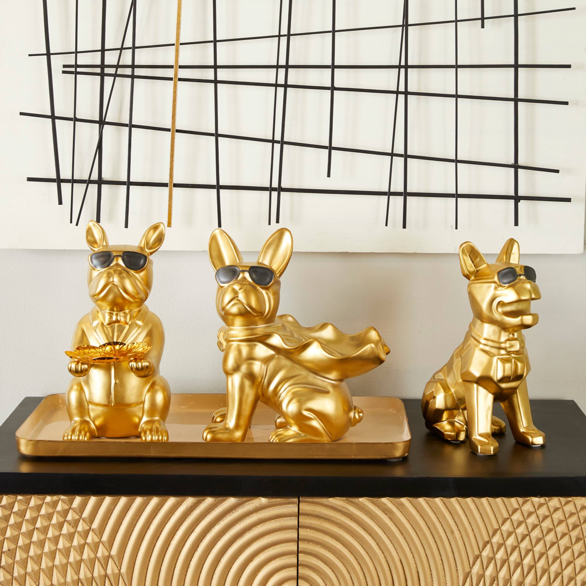 CosmoLiving by Cosmopolitan 10" Gold Bulldog Sculpture with Sunglasses Set